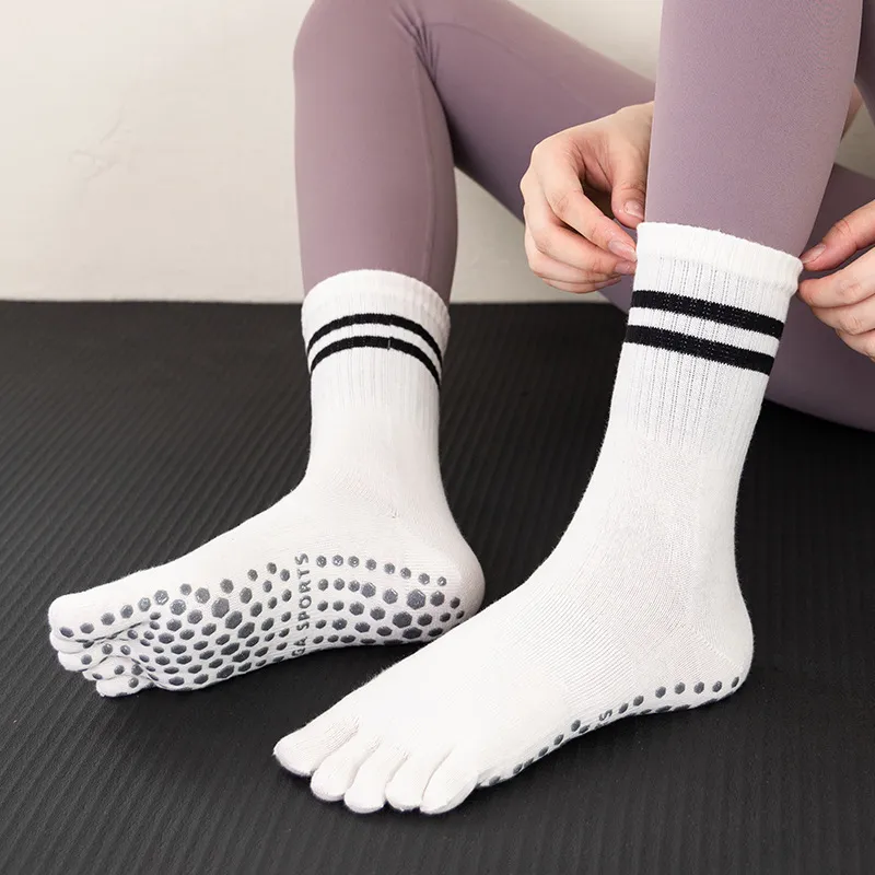 Women Cotton Five-Finger Non-Slip Mid-Tube Yoga Socks with Striped Pattern
