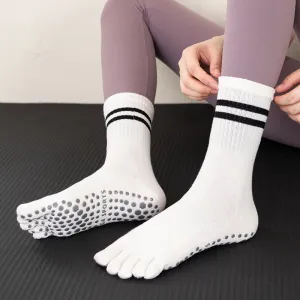 Women Cotton Five-Finger Non-Slip Mid-Tube Yoga Socks with Striped Pattern