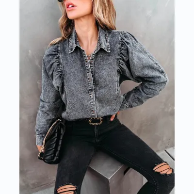 Women Casual Pleated Lapel Long-Sleeve Denim Cardigan Coat