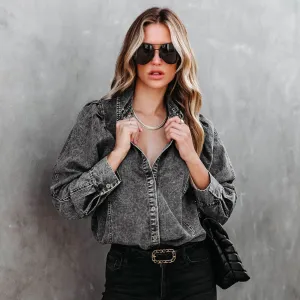 Women Casual Pleated Lapel Long-Sleeve Denim Cardigan Coat