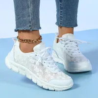 Women Fashionable Casual Plus Size Flying Woven Round-Head Toe Lace-Up Mesh Breathable Sneakers