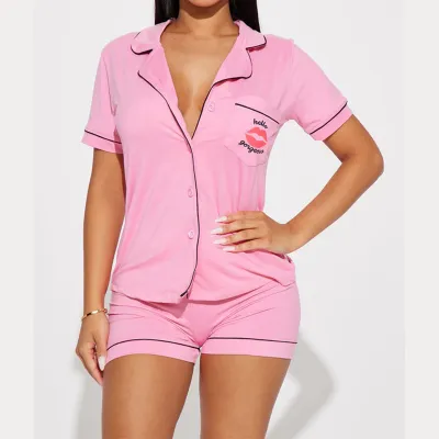 Women's Casual Modal Short Sleeve Letter Pattern Pajamas Two-Piece Set with Pocket