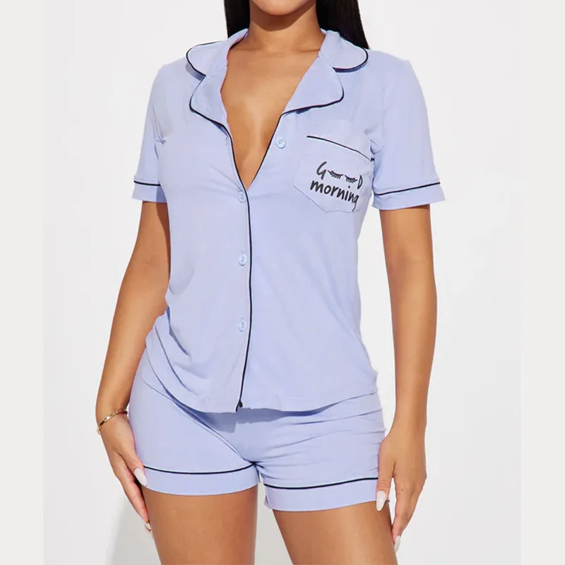 Women's Casual Modal Short Sleeve Letter Pattern Pajamas Two-Piece Set with Pocket