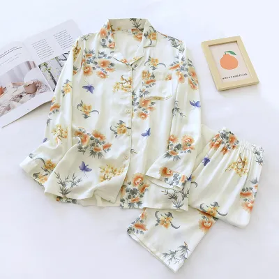 Women Casual Satin Floral Printed Lapel Long-Sleeve Top Loose Pants Pajamas Set