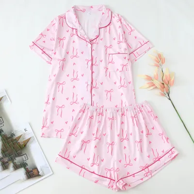 Women Casual Bowknot Printed Lapel Short Sleeve Top Loose Shorts Pajamas Set