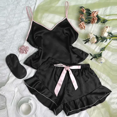 Women's Sexy Ice Silk Loose Camisole Pajamas Set with Lace-Up Shorts