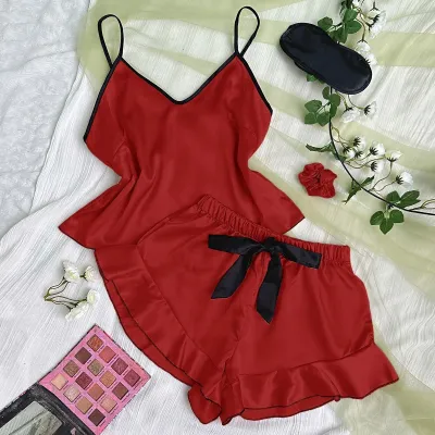 Women's Sexy Ice Silk Loose Camisole Pajamas Set with Lace-Up Shorts