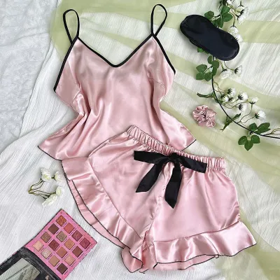Women's Sexy Ice Silk Loose Camisole Pajamas Set with Lace-Up Shorts