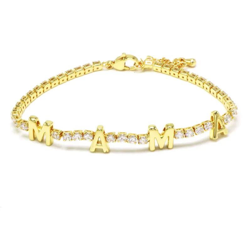 Women Fashion Love Mama Letter Zircon Copper Snake Chain Bracelet