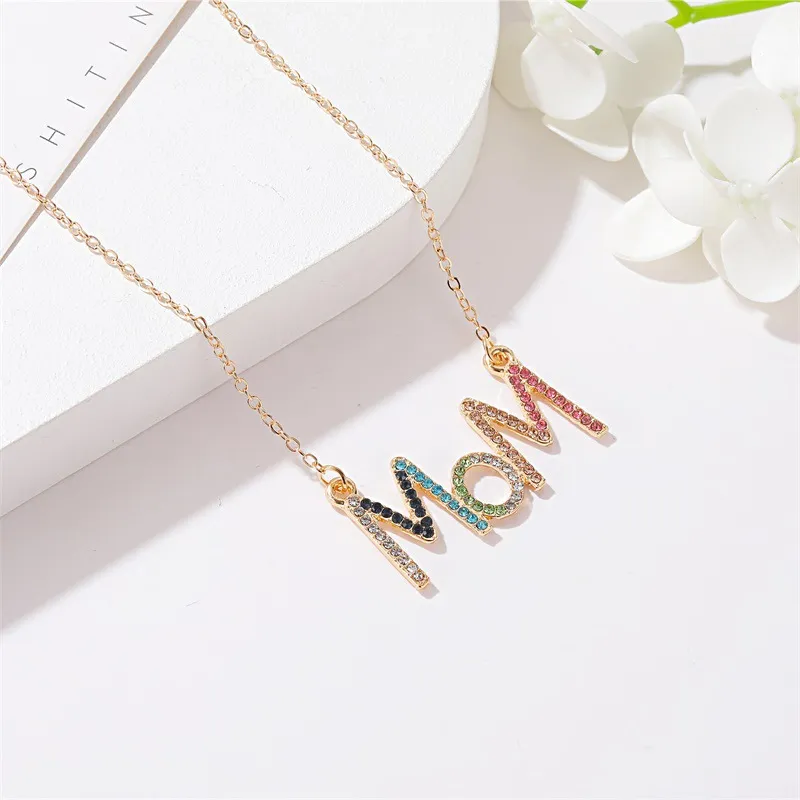 Women Fashion Colored Rhinestone "Mom" Letter Necklace