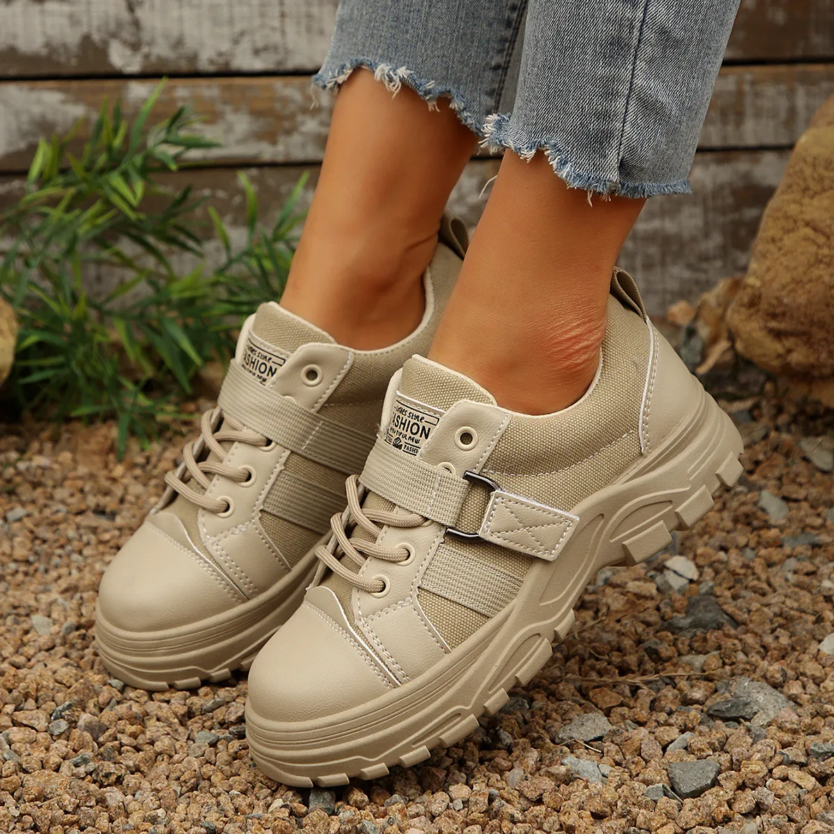Plus Size Women's Casual Solid Color Thick Bottom Sneakers with Front Tie Velcro