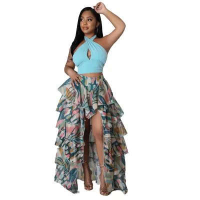 Women Fashion Sexy Multicolor Printed Front Slit Ruffled Cake Skirt