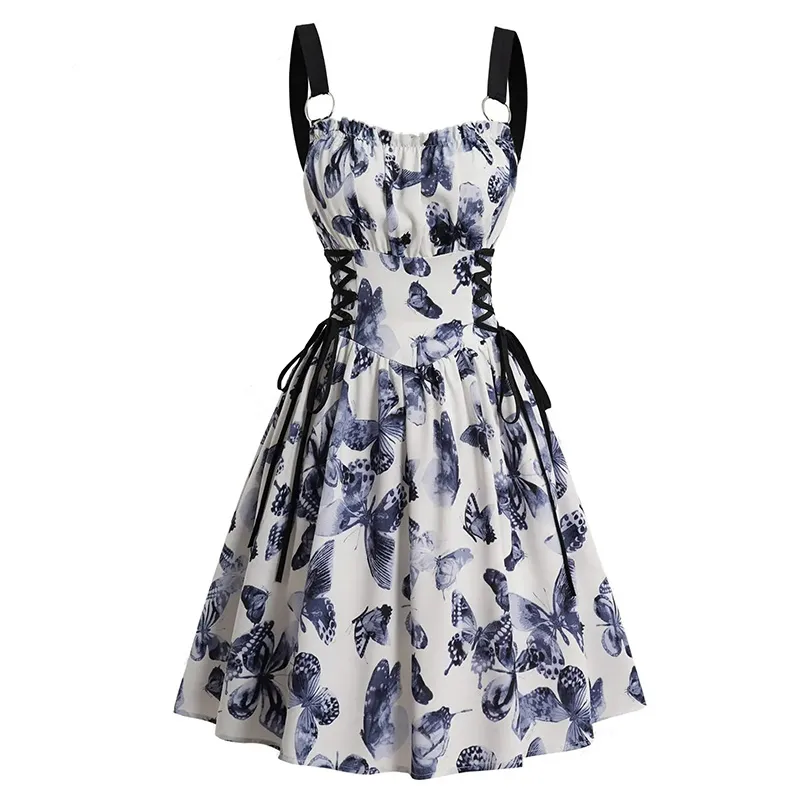 Butterfly Graphic Print Lace-Up Elegant Women Vintage A-Line Dress