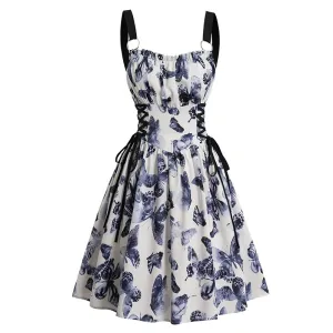 Butterfly Graphic Print Lace-Up Elegant Women Vintage A-Line Dress