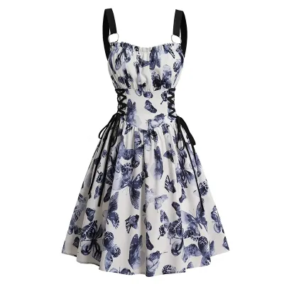 Butterfly Graphic Print Lace-Up Elegant Women Vintage A-Line Dress
