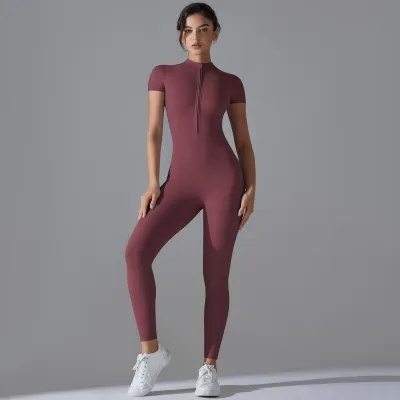 Women's Casual Yoga Jumpsuit - Solid Color Short-Sleeve Zipper Breathable Sportswear