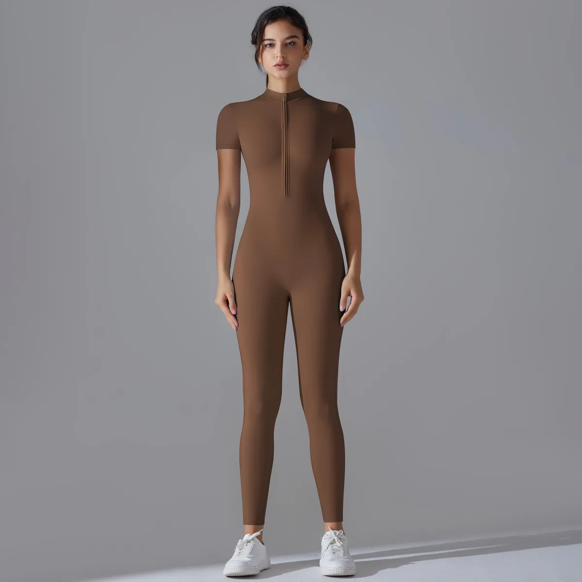 Women's Casual Yoga Jumpsuit - Solid Color Short-Sleeve Zipper Breathable Sportswear