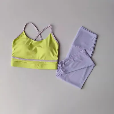 Women Casual Contrast Color Stitching Camisole Tight Pants Yoga Sports Two-Piece Set
