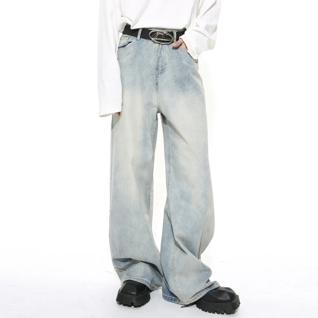 Men Simple Loose Straight-Leg Mid-Waist Cotton Denim Jeans