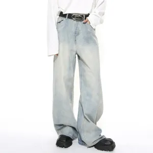 Men Simple Loose Straight-Leg Mid-Waist Cotton Denim Jeans