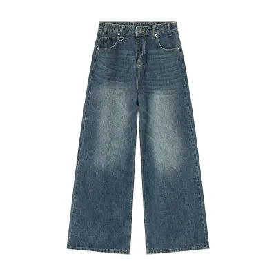 Men's Retro Loose Wide-Leg Jeans Mid-Waist Cotton Denim