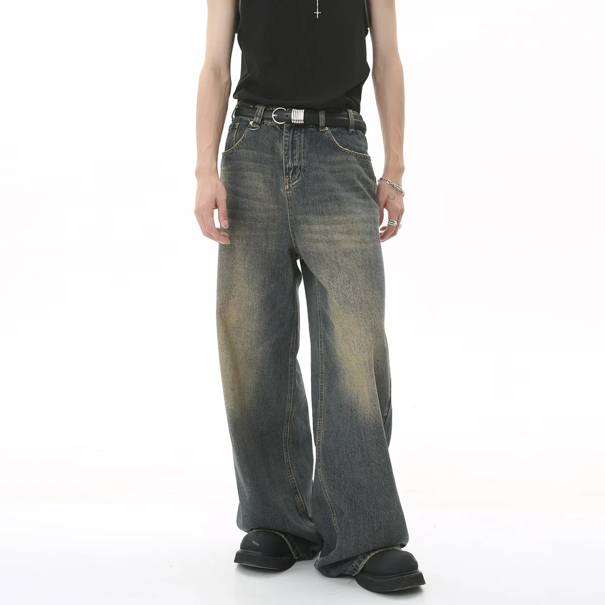 Men's Retro Loose Wide-Leg Jeans Mid-Waist Cotton Denim