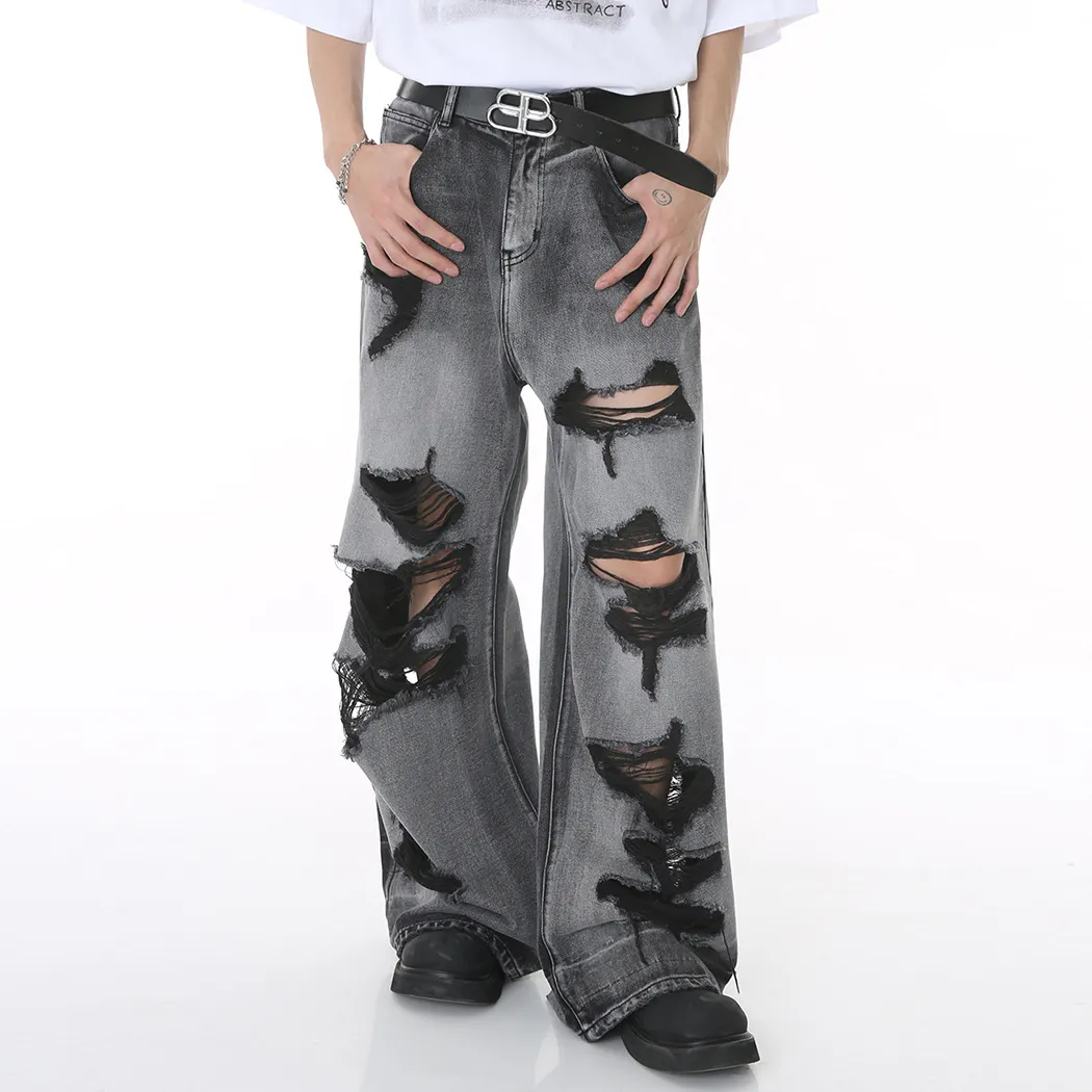 Men Fashion Hip Hop Ripped Denim Jeans Loose Fit Long Mid-Waist