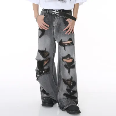 Men Fashion Hip Hop Ripped Denim Jeans Loose Fit Long Mid-Waist