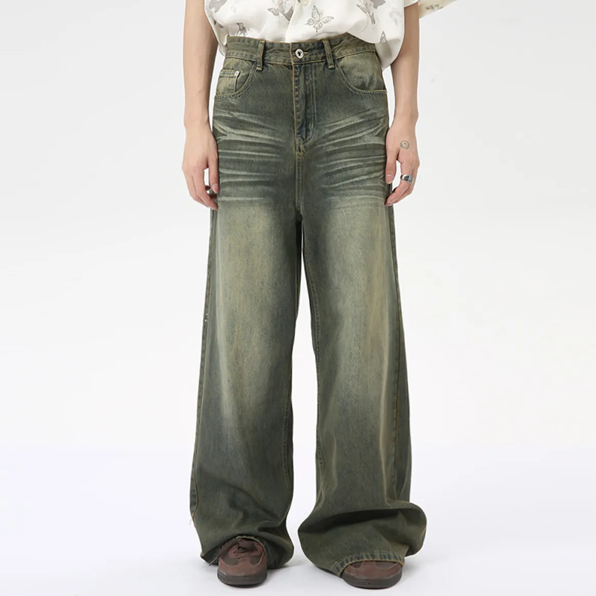 Men Retro Straight Leg Wide-Leg Thick Cotton Jeans