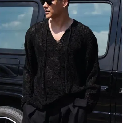 Men Autumn Spring Elastic Hollow Knitted Pullover Crewneck Short Sleeve Slim Fit Cotton Blend Polyester Printing