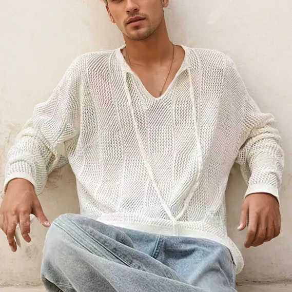Men Autumn Spring Elastic Hollow Knitted Pullover Crewneck Short Sleeve Slim Fit Cotton Blend Polyester Printing