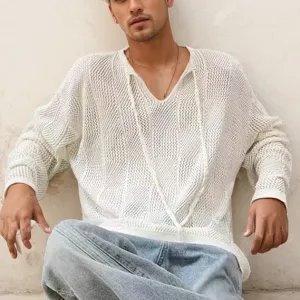 Men Autumn Spring Elastic Hollow Knitted Pullover Crewneck Short Sleeve Slim Fit Cotton Blend Polyester Printing