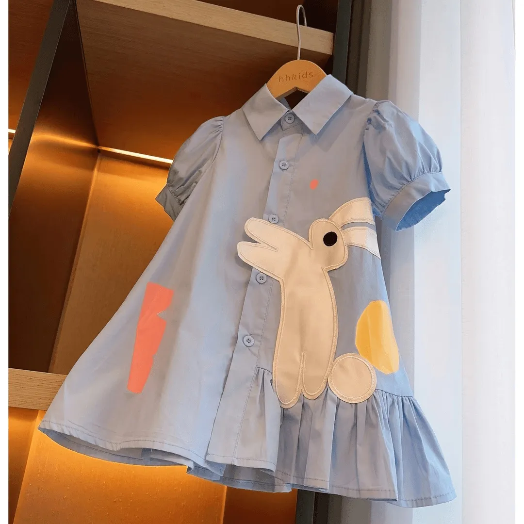 Girl Summer Cute Rabbit Print Short Sleeve Shirt Dress for Kids 3-14T