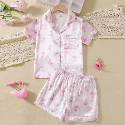 Girls Silk-Like Satin Love Print Short-Sleeved Pink Pajamas Set