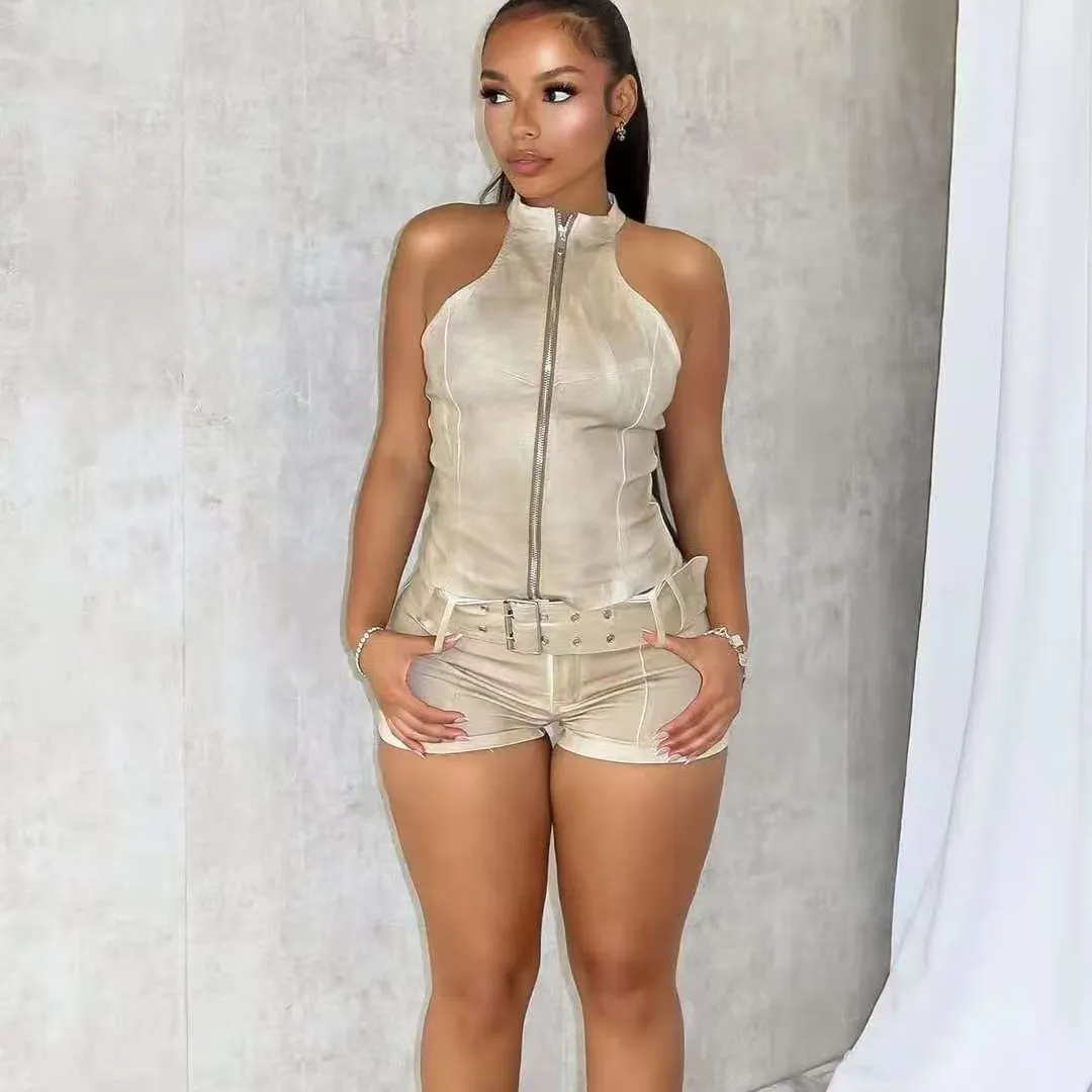 Women's Denim Sleeveless Zipper Top with Elastic Shorts Two-Piece Set - Street Hipster Style