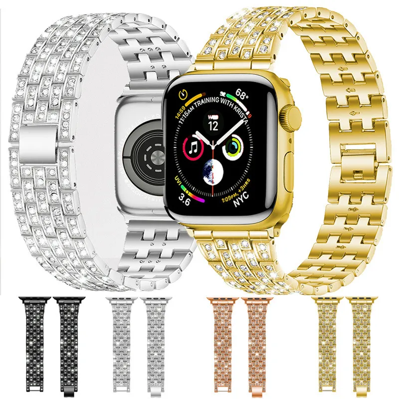 Fashion Solid Color Rhinestone Metal Apple Watch Strap with Folding Buckle