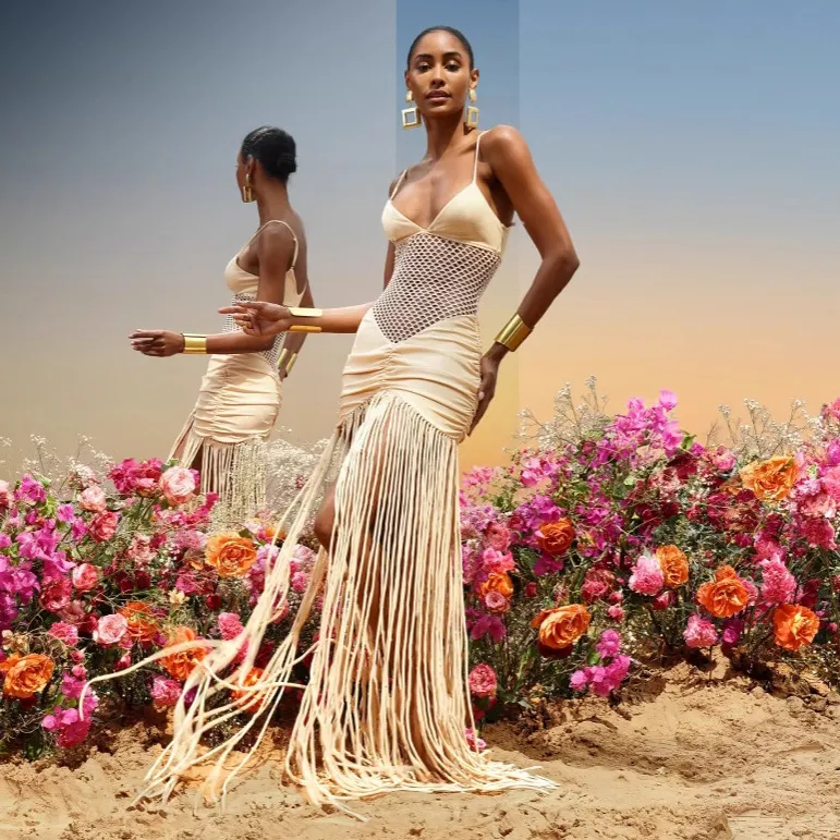 Women Fashion Sexy Hollow-Out Spaghetti Strap Tassel Slim Fit Long Dress