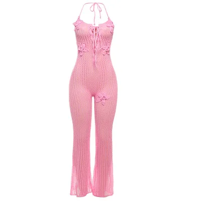 Women Fashion Creative Knitted Hollow Halter-Neck Backless Lace-Up Jumpsuit