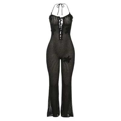 Women Fashion Creative Knitted Hollow Halter-Neck Backless Lace-Up Jumpsuit