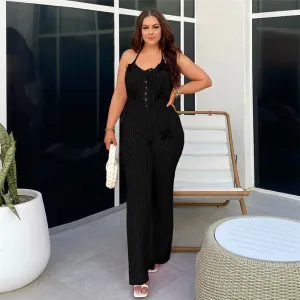 Women Fashion Creative Knitted Hollow Halter-Neck Backless Lace-Up Jumpsuit