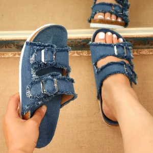 Plus Size Women Vintage Denim Platform Slippers Slip On Cloth Shoes