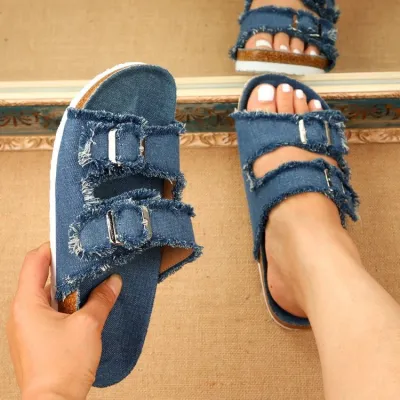Plus Size Women Vintage Denim Platform Slippers Slip On Cloth Shoes