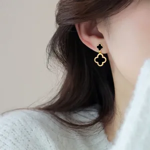 Women's Fashion Retro Black Copper Four-Leaf Clover Earrings Commuter