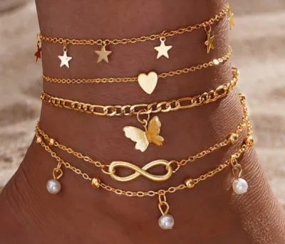 Women Fashion Boho Fishbone Love Chain Multi-Layer Anklet