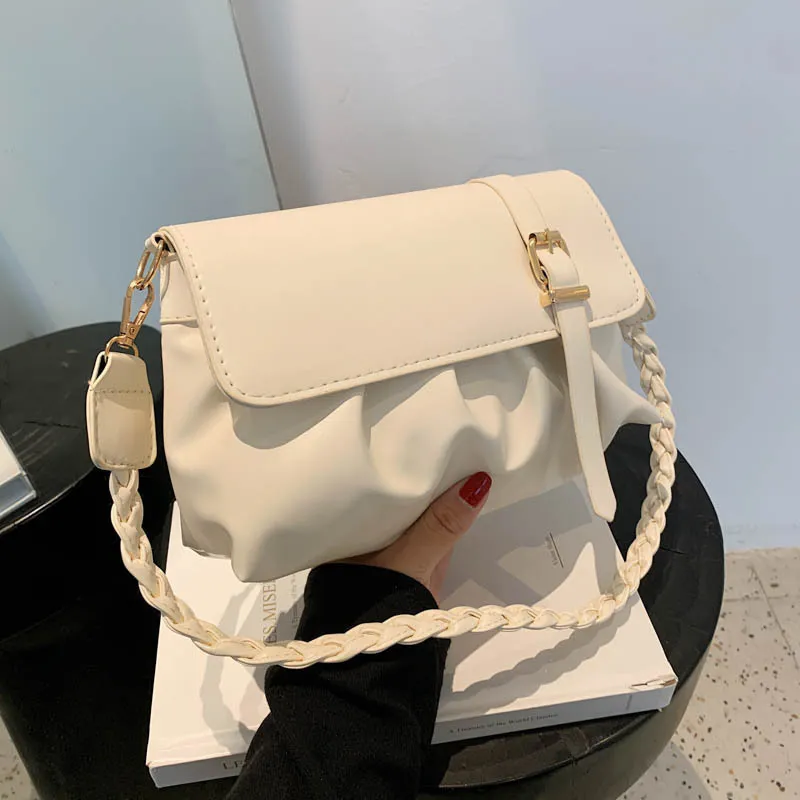 Women Fashion Casual Simple Solid Color Pleated Shoulder Bag