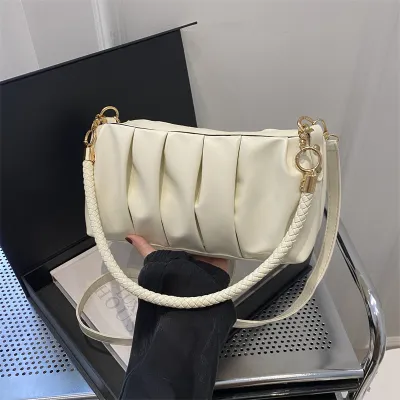Women Fashion Casual Solid Color Pleated Rectangular Shoulder Bag