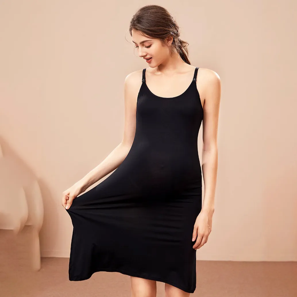 Pregnant Women Solid Color Spaghetti Strap No Steel Ring With Chest Pad Breast-Feeding Dress