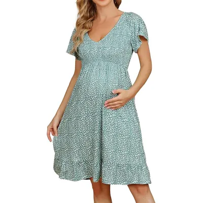 Pregnant Women Casual Floral Printed V-Neck Short-Sleeve Loose Maternity Dress