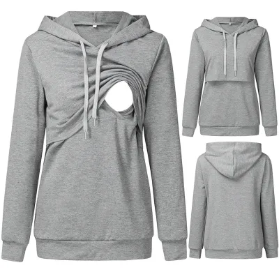 Pregnant Women Casual Cotton Solid Color Hooded Pullover