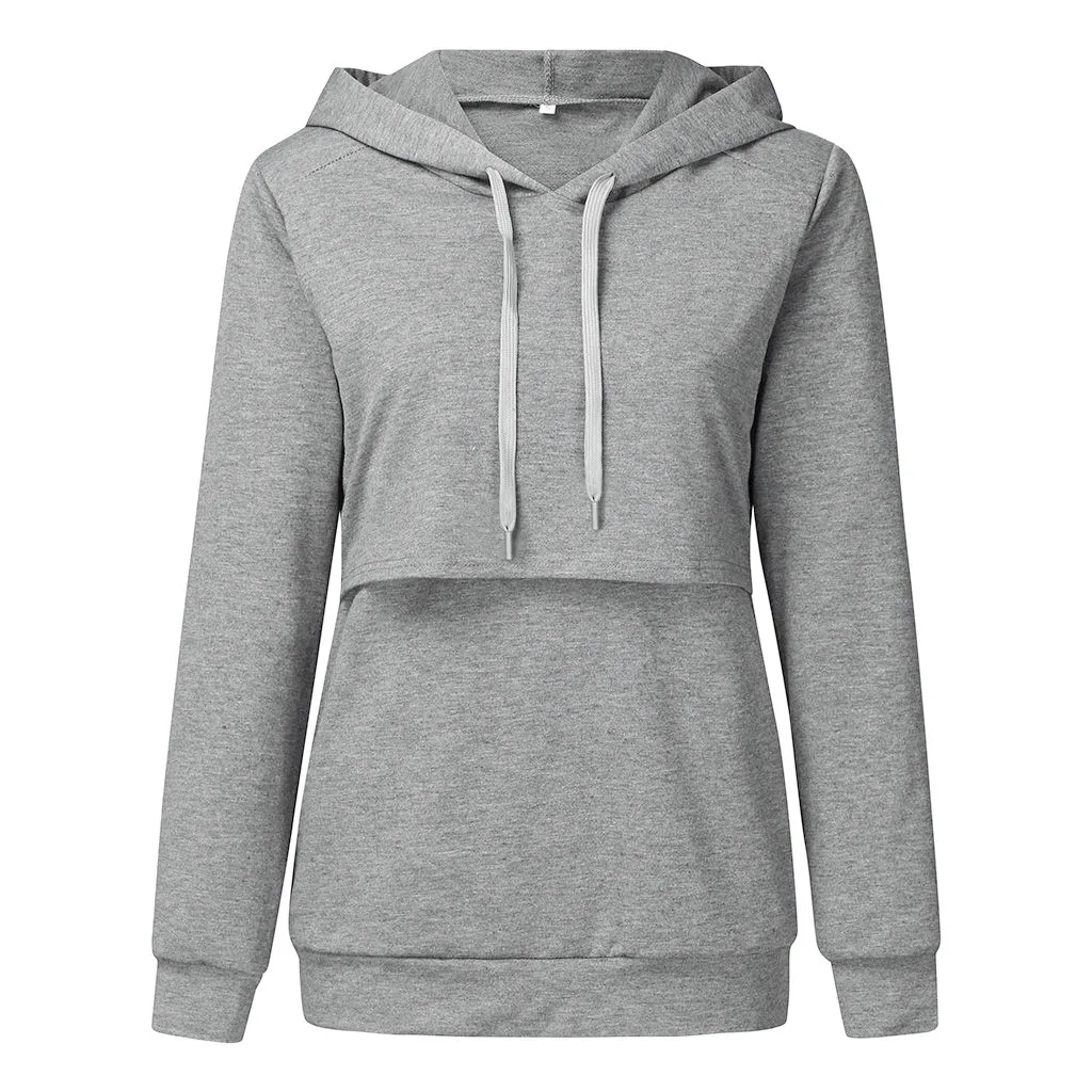 Pregnant Women Casual Cotton Solid Color Hooded Pullover